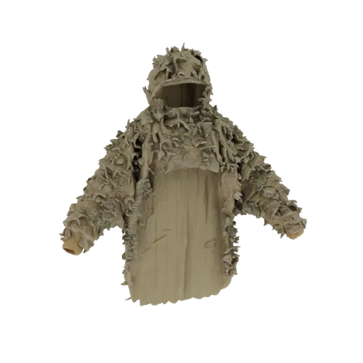 3D модель камуфляжной куртки Гилли с капюшоном и текстурой листьев, представленная на белом фоне.