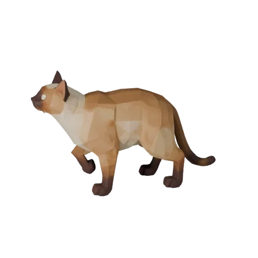 Низкополигональная 3D-модель сиамской кошки, вид сбоку в игровом ракурсе, низкополигональная модель животного с кошачьей подв
