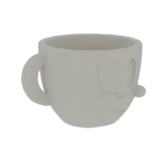 3D-модель белой кружки с лицом, вдохновленная игрой Cuphead, показана сбоку.