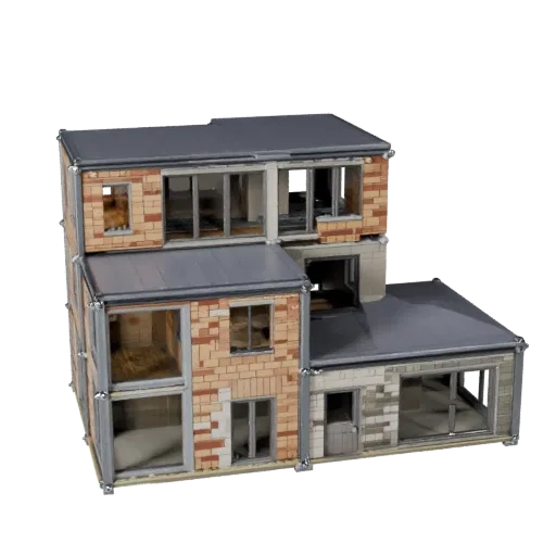 Модульный комплект дома, печатная STL 3D модель, изометрический вид, показывающий материалы модульного строительного комплект