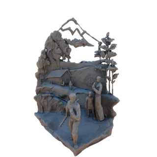 3D модель горной сцены с домиком и семьей, включающая домик, горы, деревья и фигуры.