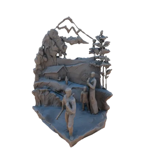 3D модель горной сцены с домиком и семьей, включающая домик, горы, деревья и фигуры.
