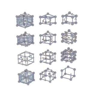 3D модели различных кристаллических решеток, расположенные в сетке 4x3, с серыми сферами и синими связями.
