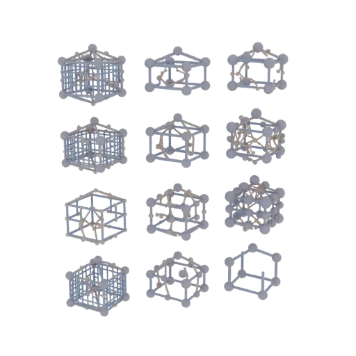 3D модели различных кристаллических решеток, расположенные в сетке 4x3, с серыми сферами и синими связями.