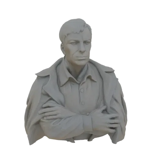 Рендер 3D модели бюста мужчины в плаще со скрещенными руками, представленный в нейтральном сером материале.