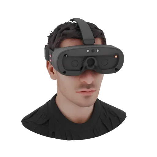 3D-модель VR-гарнитуры с инфракрасной подсветкой на голове мужчины, вид спереди