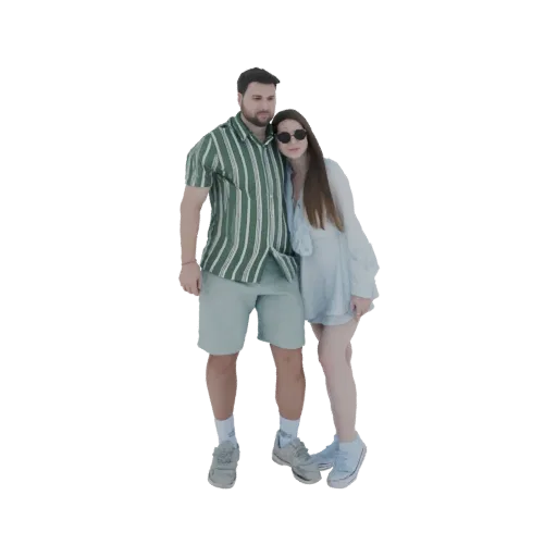 3D модель молодой пары, стоящей близко друг к другу, мужчина обнимает женщину за плечи.