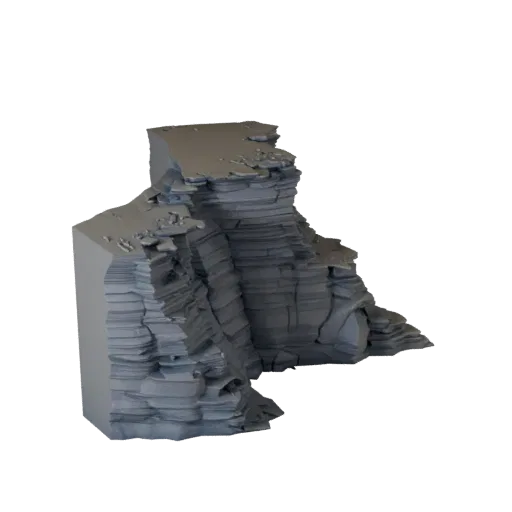 Низкополигональная 3D-модель уступа скалы, вид в игровом окне с трех четвертей, показывающий слоистый камень, поверхности ска
