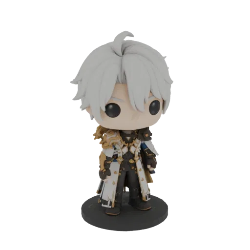 3D модель фэнтезийного рыцаря в стиле Funko Pop, в богато украшенной бело-золотой броне, стоящего на черной подставке.