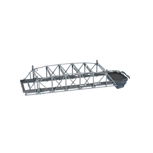 3D модель современного стального ферменного моста с бетонным пандусом, вид с немного приподнятого бокового ракурса.