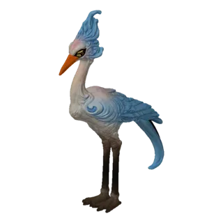 3D модель стилизованной белой птицы с синими акцентами, оранжевым клювом и выразительным синим гребнем, стоящей на тонких лап