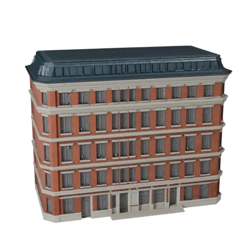 Высокополигональная 3D модель таунхауса, крупный план архитектурного рендера, показывающий материалы жилого здания и архитект