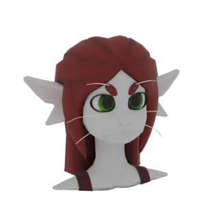 3D model render of a stylized aquatic creature bust with red hair, green eyes, and white whiskers, set against a white backgr