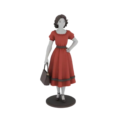 3D модель русской девушки в красном платье, стоящей на подставке с сумочкой, с кудрявыми волосами.