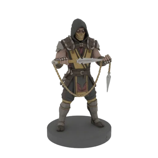 3D модель Скорпиона из Mortal Kombat в маске и доспехах, держащего кунай на цепи.