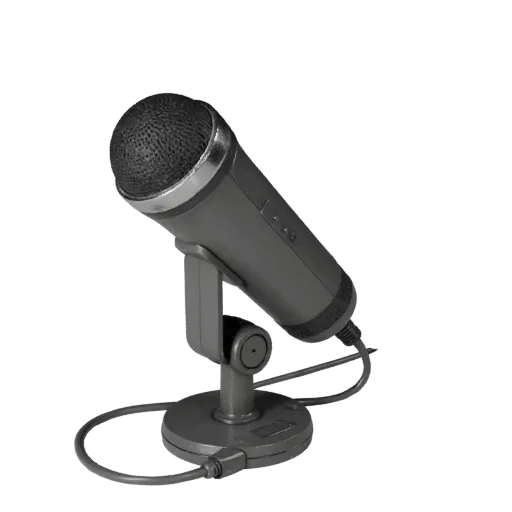 3D-модель микрофона, вид спереди в три четверти, в окне Unity, показывающая пластиковые корпуса, настольный масштаб.