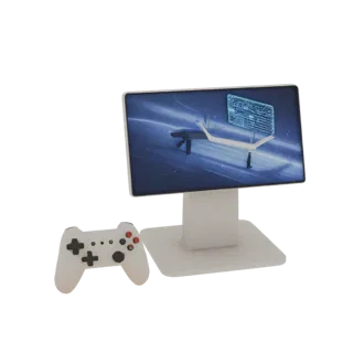 3D модель игровой консоли с монитором и геймпадом на белом фоне