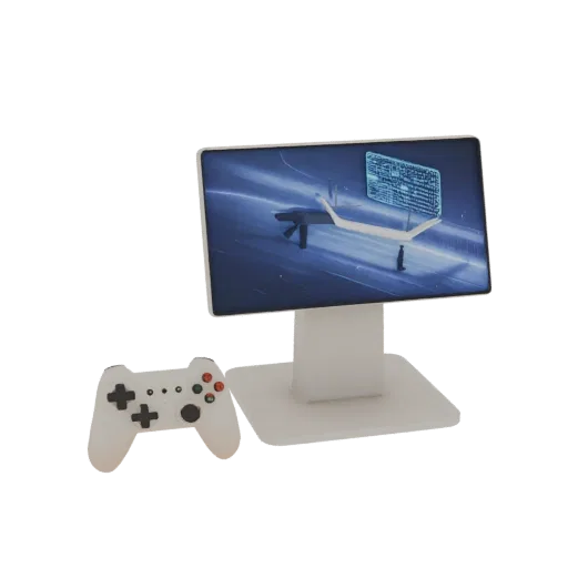 3D модель игровой консоли с монитором и геймпадом на белом фоне