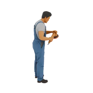 3D модель мужчины в синем комбинезоне с оранжевой орбитальной шлифмашиной, вид сбоку.
