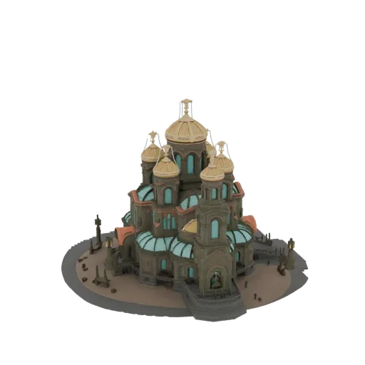 3D модель православного собора с несколькими золотыми луковичными куполами, бирюзовыми окнами и замысловатыми каменными фасад