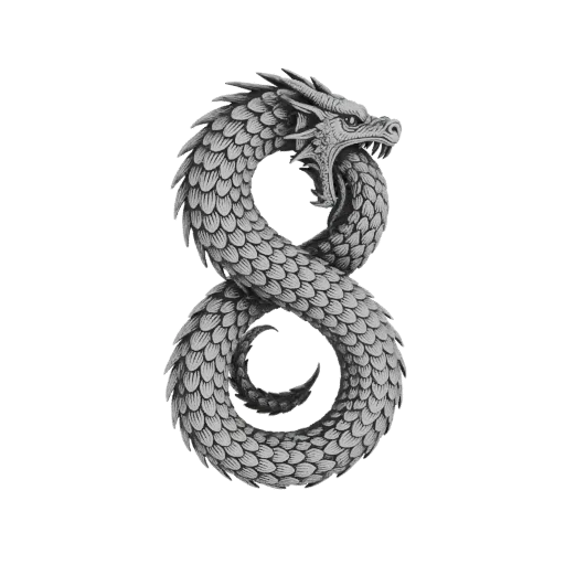 Детализированная 3D модель дракона, свернувшегося в цифру 8, с искусственной чешуей и свирепой головой.