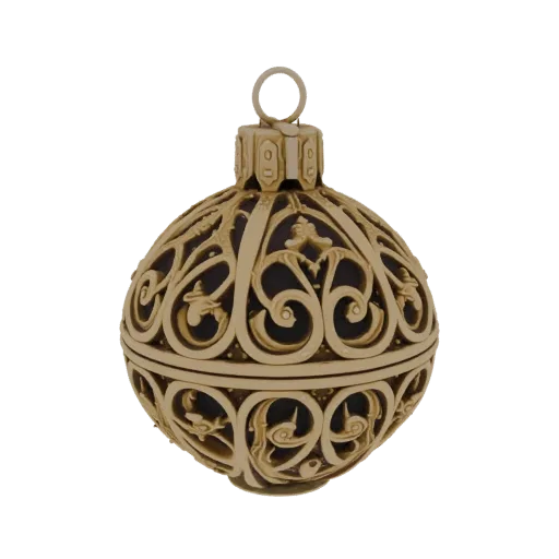 A detailed 3D model of a golden Christmas bauble with intricate, openwork filigree patterns and a dark interior, set against