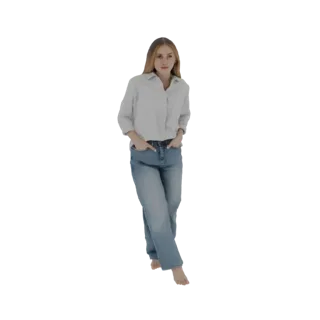 3D модель молодой женщины со светлыми волосами в голубой рубашке и джинсах, стоящей с руками в карманах.