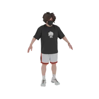 3D модель молодого человека в черной футболке с принтом, белых баскетбольных шортах и черной маске, стоящего с раскинутыми ру