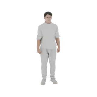 3D модель молодого человека с темными волосами, одетого в светло-серую толстовку и спортивные штаны, стоящего на белом фоне.