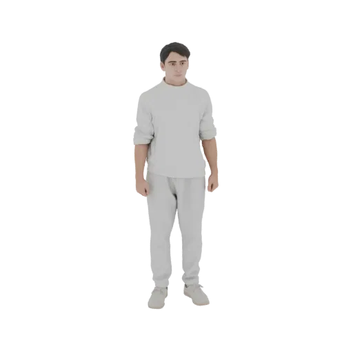 3D модель молодого человека с темными волосами, одетого в светло-серую толстовку и спортивные штаны, стоящего на белом фоне.