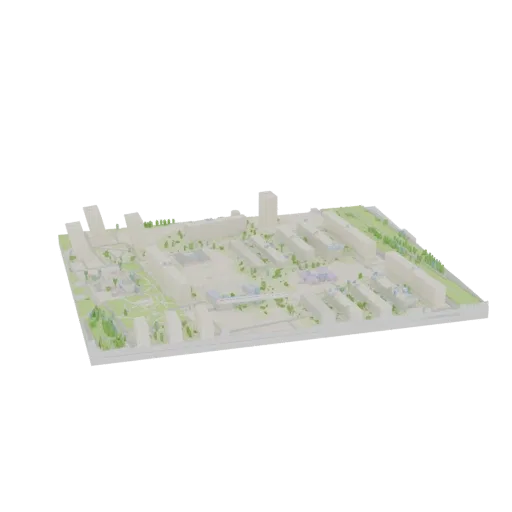 3D модель современного жилого квартала с несколькими зданиями, дворами и зелеными зонами.