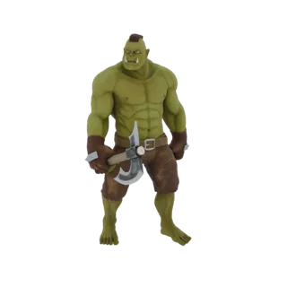 3D модель мускулистого зеленого орка-воина с клыками, в коричневой коже, держащего боевой топор.