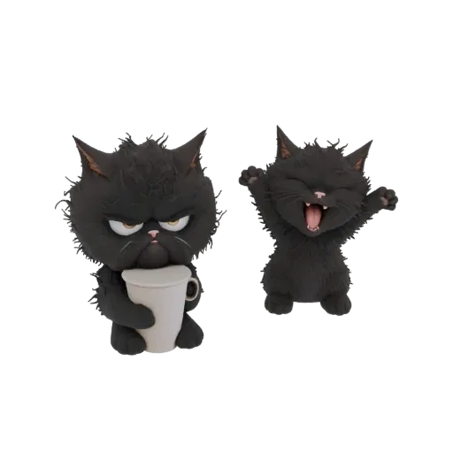 3D рендер двух фигурок черных котов: один угрюмый кот держит белую кружку, второй кот зевает с поднятыми лапами.