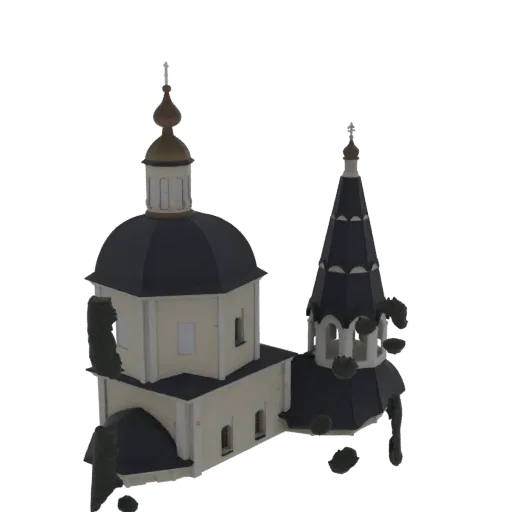 3D модель православной церкви с темным куполом и высокой, стройной колокольней на черном фоне.