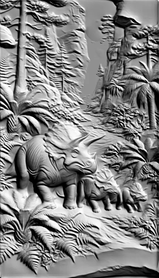 3D модель барельефа с изображением семьи трицератопсов среди папоротников и деревьев