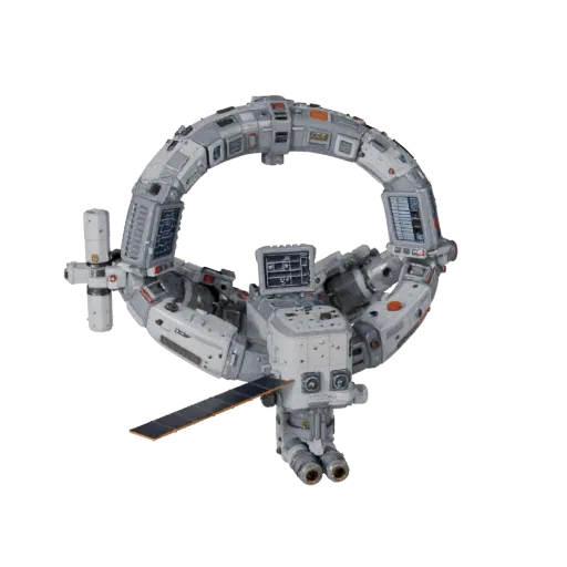 Стилизованная 3D-модель Орбитального Док-Хаба, стилизованный изометрический рендер, показывающий металлические модули, модуль