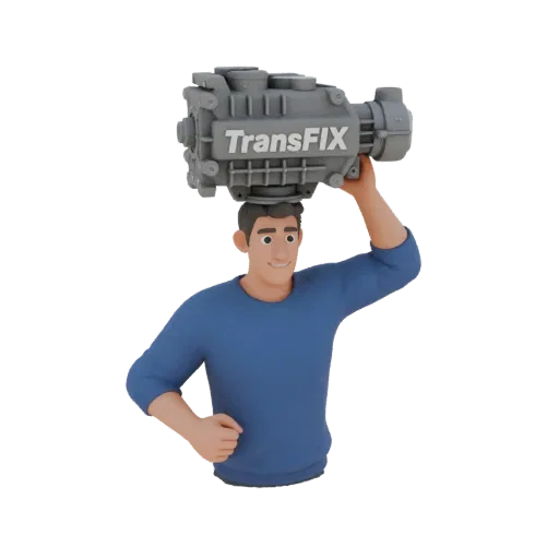 3D модель гидротрансформатора с надписью TransFIX, стоящая на голове у стилизованного персонажа.