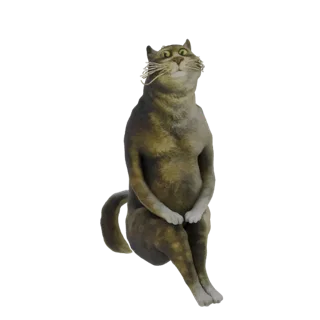 3D-модель антропоморфного кота, сидящего вертикально с большими широко раскрытыми глазами и любопытным выражением, лапы покоя