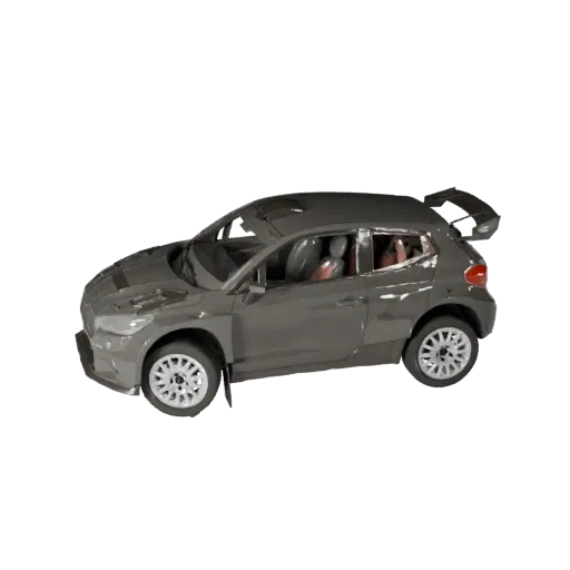 3D-модель раллийного автомобиля, вид из игрового окна в три четверти, готовый для Unreal Engine актив с линиями кузова, остек