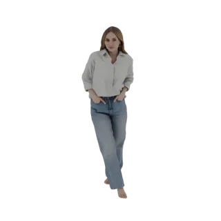 3D модель молодой женщины со светлыми волосами, одетой в светло-голубую рубашку на пуговицах и синие джинсы, стоящей с руками
