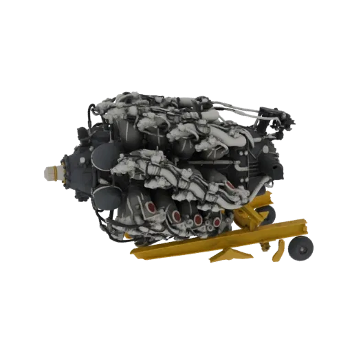 3D модель детализированного радиального авиационного двигателя с несколькими цилиндрами, установленного на желтом стенде.