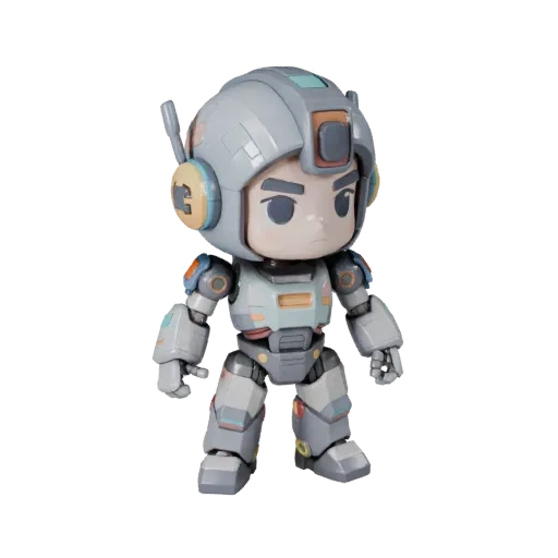 Предпросмотр низкополигональной 3D-модели фигурки чиби-робота, показывающий позу, вид в три четверти, пропорции игрушки и дет