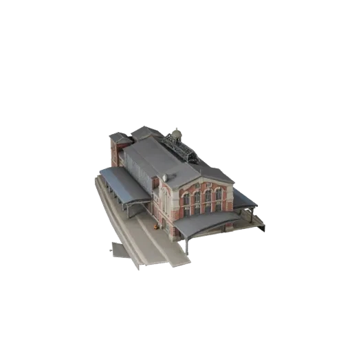 Реалистичная 3D модель здания вокзала, вид с трех четвертей снаружи, показывающий материалы общественного здания и архитектур