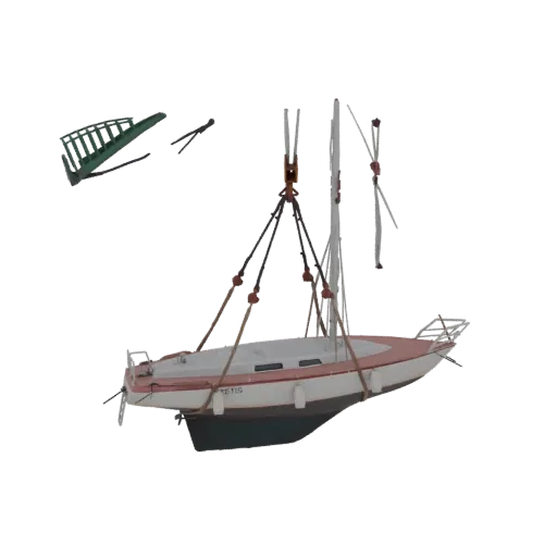 3D модель бело-красной парусной яхты, поднимаемой краном, рядом зеленая лестница и пропеллер.