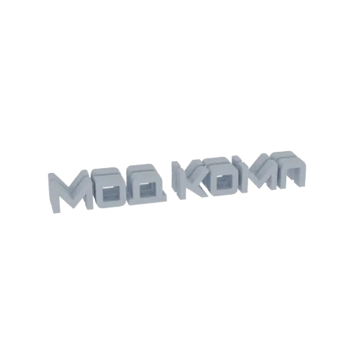 3D-рендер логотипа "MOO KOMP" в светло-сером, блочном шрифте, представленный на белом фоне.