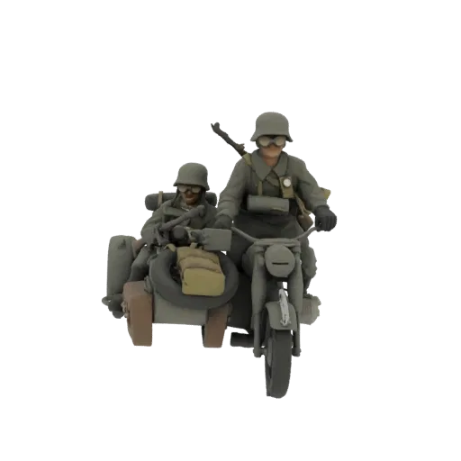 3D модель немецкого мотоцикла времен ВМВ с коляской и двумя солдатами на белом фоне.