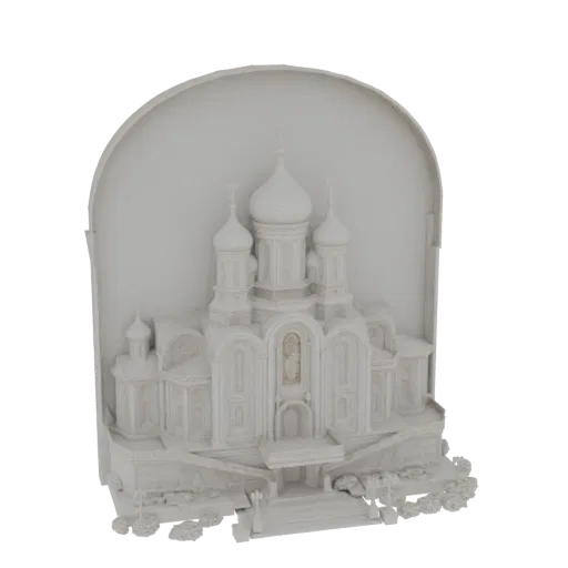 Рендер 3D модели детализированной диорамы православной церкви с несколькими куполами и окружающим ландшафтом.