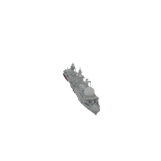 Детализированная 3D модель современного серого военного корабля с большим радаром, вид сверху на черном фоне.