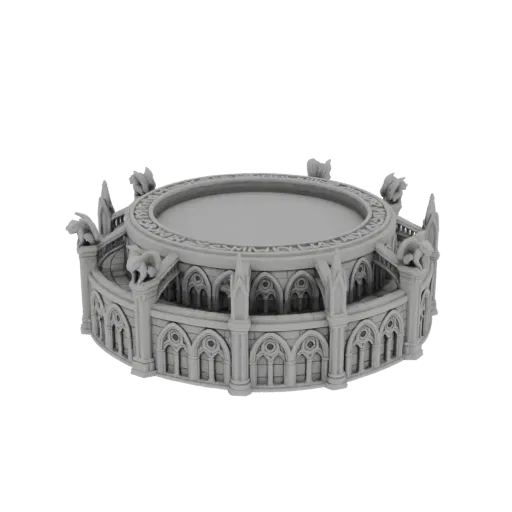 Рендер 3D модели круглой Готической арены со стрельчатыми арками, замысловатой каменной кладкой и статуями горгулий на черном