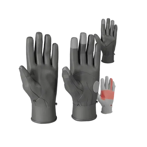 3D-модель перчаток, вид спереди три четверти, рендер студии AR-просмотрщика, показывающий металл, небольшой носимый силуэт.